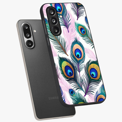 Royal Peacock Feathers Glass Case displayed in angled mockup highlighting vibrant feather pattern with regal aesthetic style.