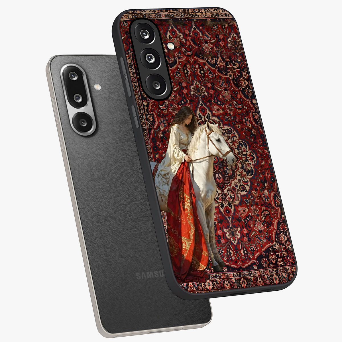 Royal Rider Tapestry Glass Case displayed in angled mockup highlighting traditional tapestry design with royal heritage aesthetic.