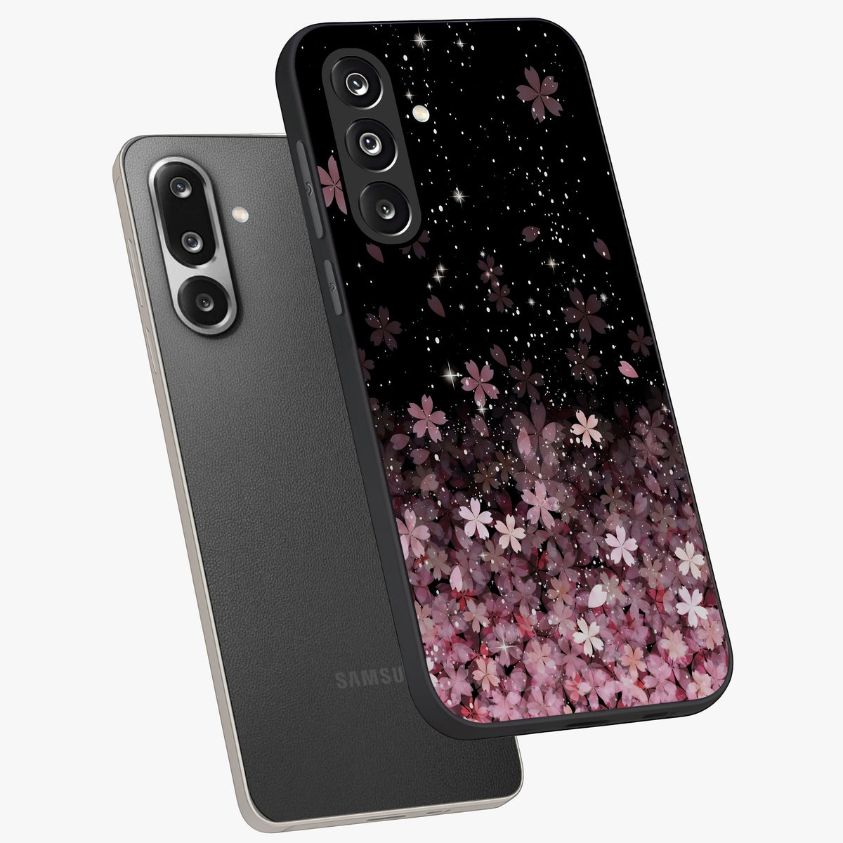 Small Starry Flowers Glass Case displayed in angled mockup highlighting tiny flower pattern with celestial aesthetic style.