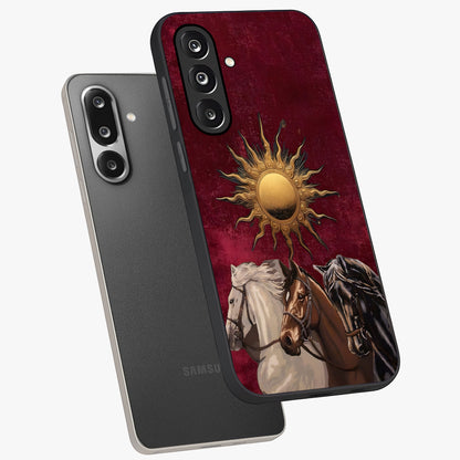 Solar Riders Glass Case displayed in angled mockup highlighting powerful rider illustration with radiant solar aesthetic.