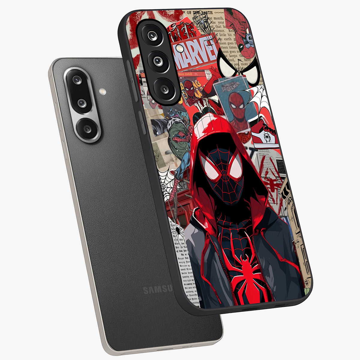 Spider Collage Street Glass Case displayed in angled mockup highlighting dynamic street style collage design with comic aesthetic.