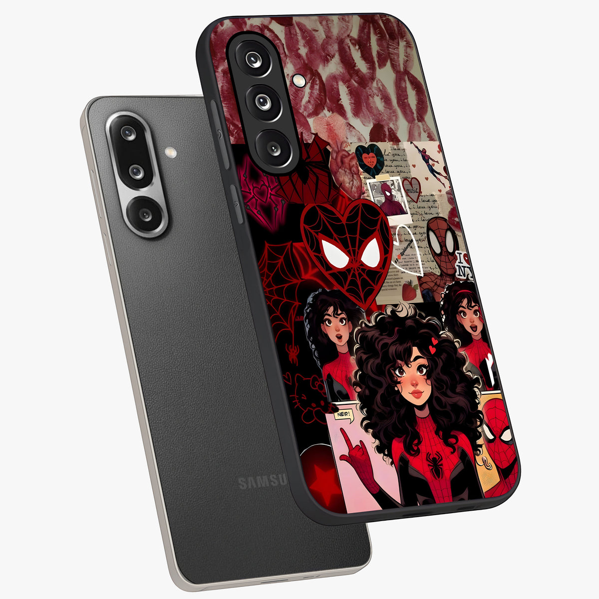 Spider Love Story Glass Case displayed in angled mockup highlighting expressive comic inspired design with playful aesthetic.