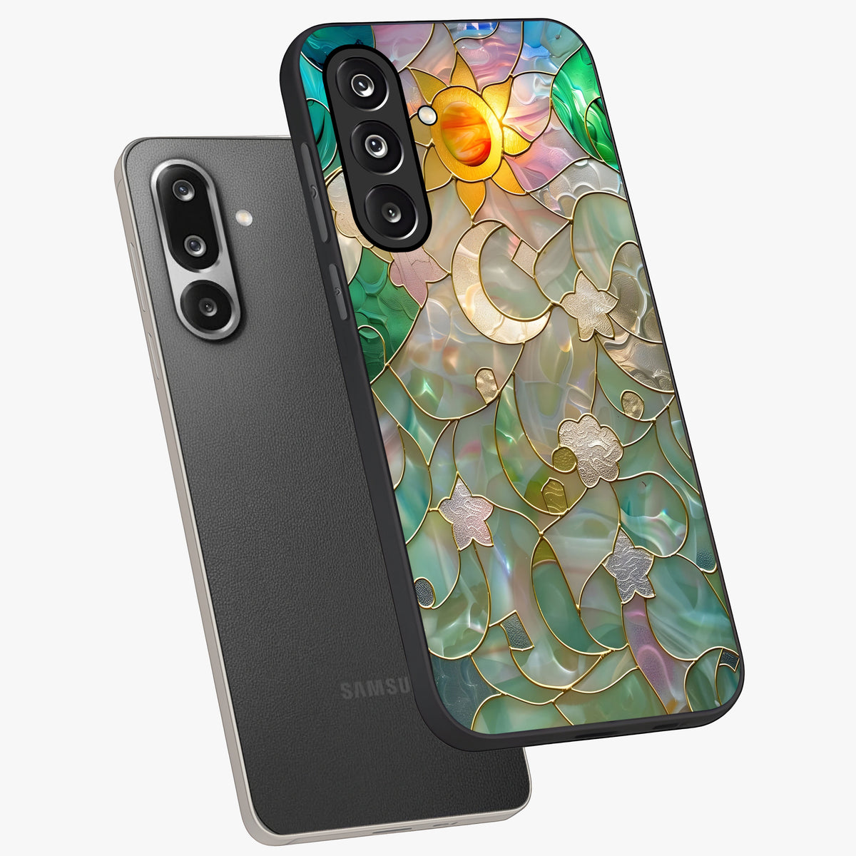 Stained Sunrise Glow Glass Case displayed in angled mockup highlighting radiant sunrise design with artistic aesthetic style.