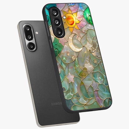 Stained Sunrise Glow Glass Case displayed in angled mockup highlighting radiant sunrise design with artistic aesthetic style.
