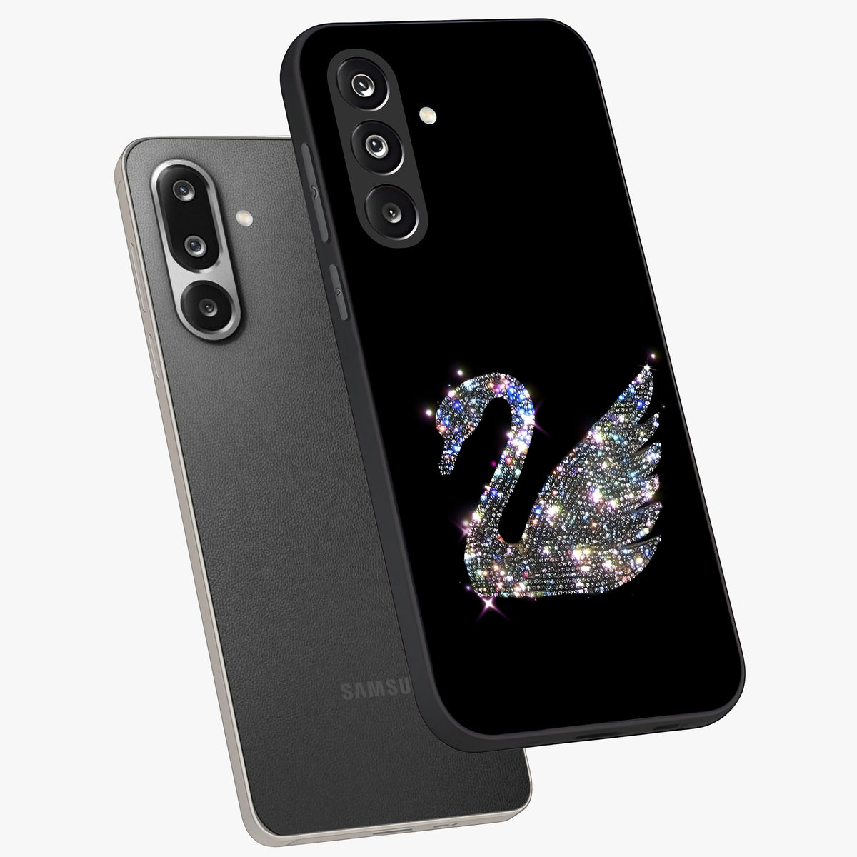 Starlit Swan Grace Glass Case displayed in angled mockup highlighting elegant swan illustration with dreamy celestial aesthetic.