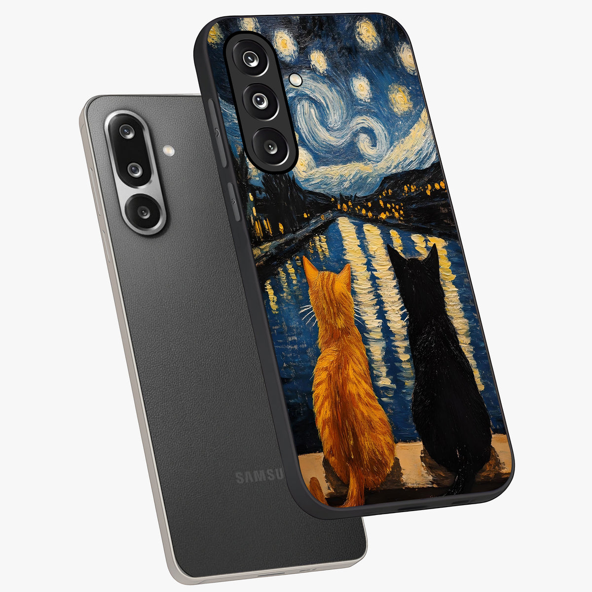 Starry River Cats Glass Case displayed in angled mockup highlighting charming feline illustration with dreamy night aesthetic.