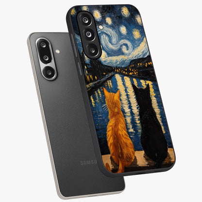 Starry River Cats Glass Case displayed in angled mockup highlighting charming feline illustration with dreamy night aesthetic.