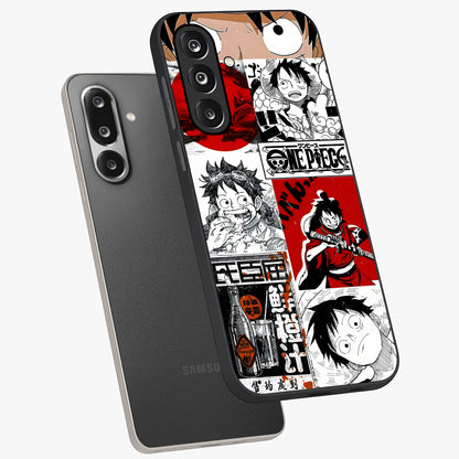Strawhat Chaos Panels Glass Case displayed in angled mockup highlighting vibrant anime collage design with action aesthetic.