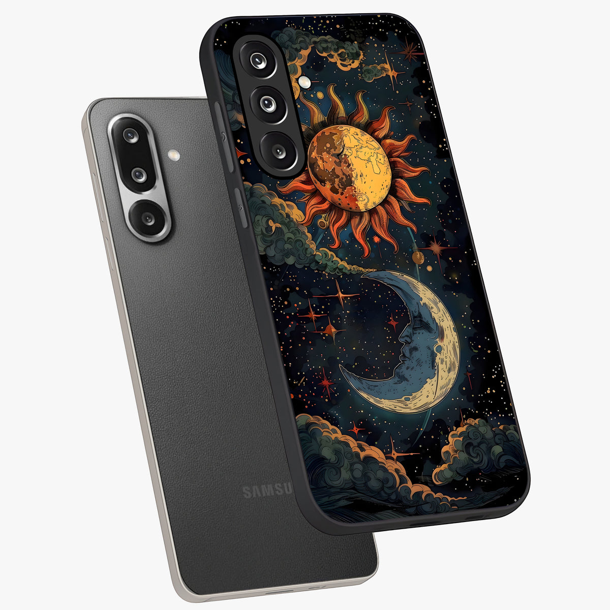 Sun And Moon Magic Design Glass Case displayed in angled mockup highlighting celestial design with magical cosmic aesthetic.