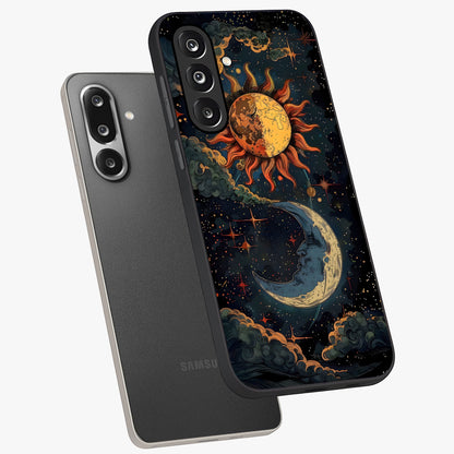 Sun And Moon Magic Design Glass Case displayed in angled mockup highlighting celestial design with magical cosmic aesthetic.
