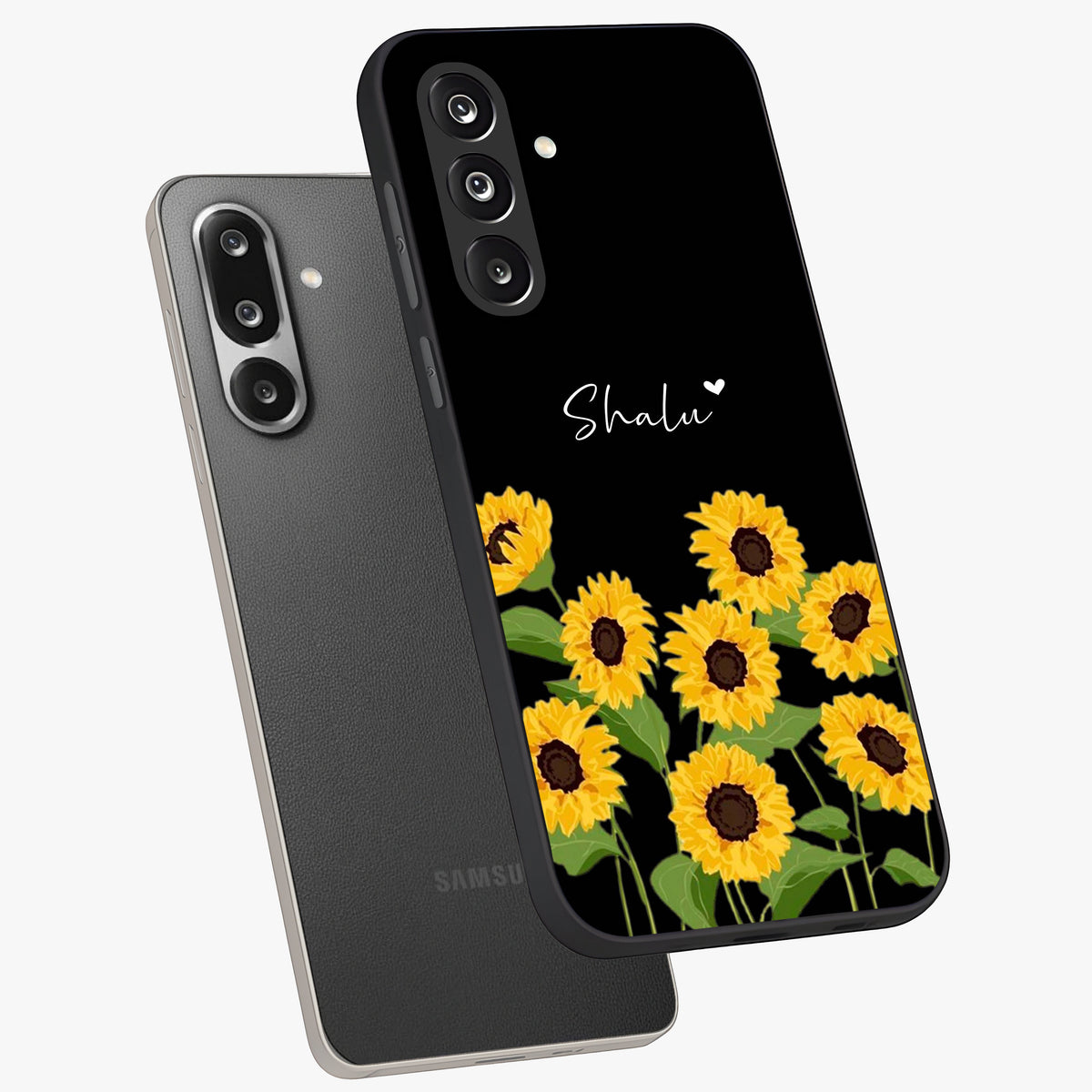 Sunflower Chic Mood Custom Name Glass Case displayed in angled mockup highlighting vibrant sunflower design with custom name feature.