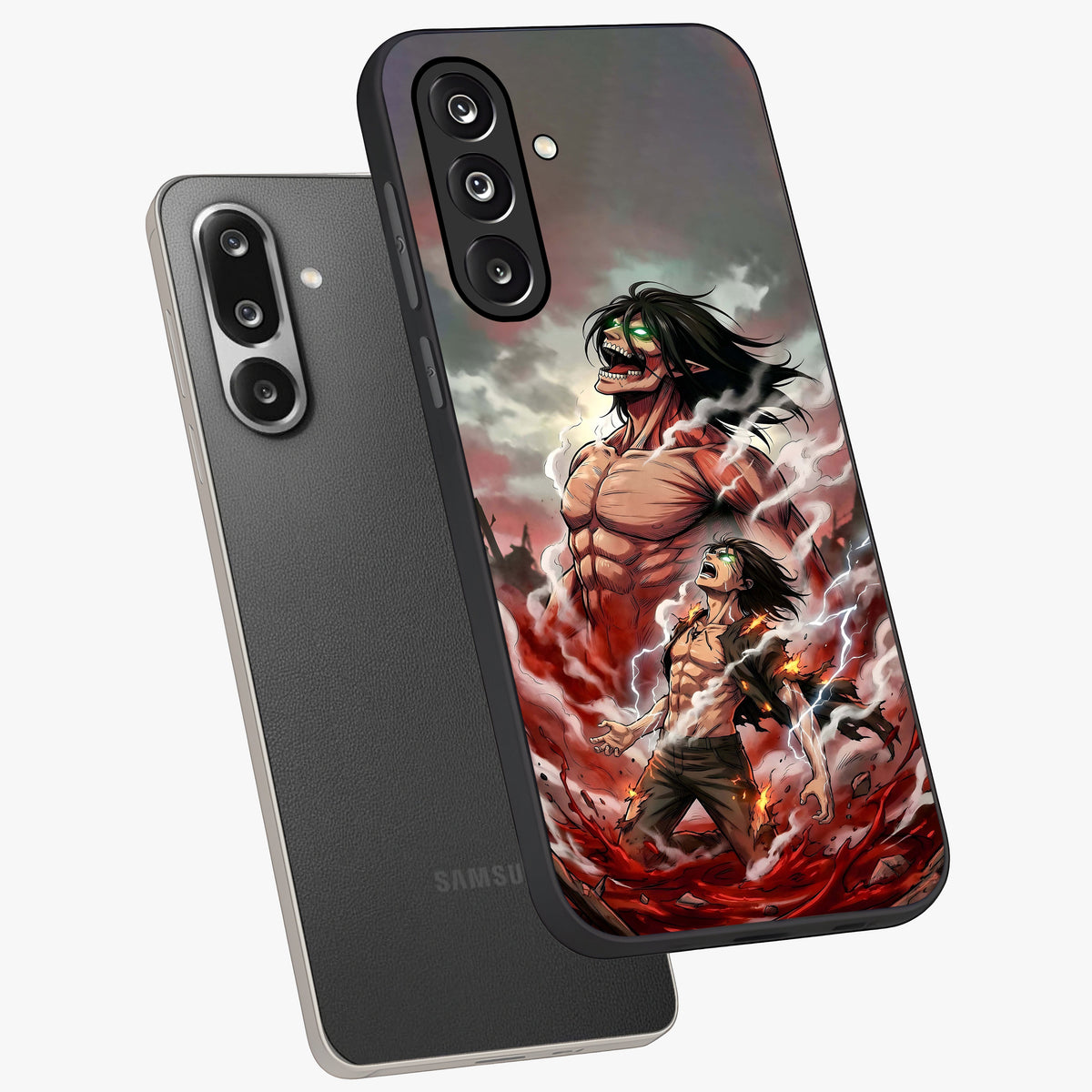 Titan Awakening Fury Glass Case displayed in angled mockup highlighting dramatic giant warrior design with bold anime aesthetic.