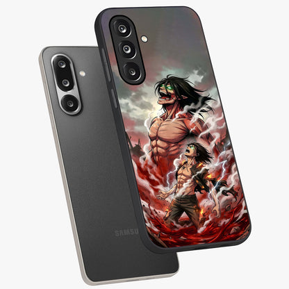Titan Awakening Fury Glass Case displayed in angled mockup highlighting dramatic giant warrior design with bold anime aesthetic.