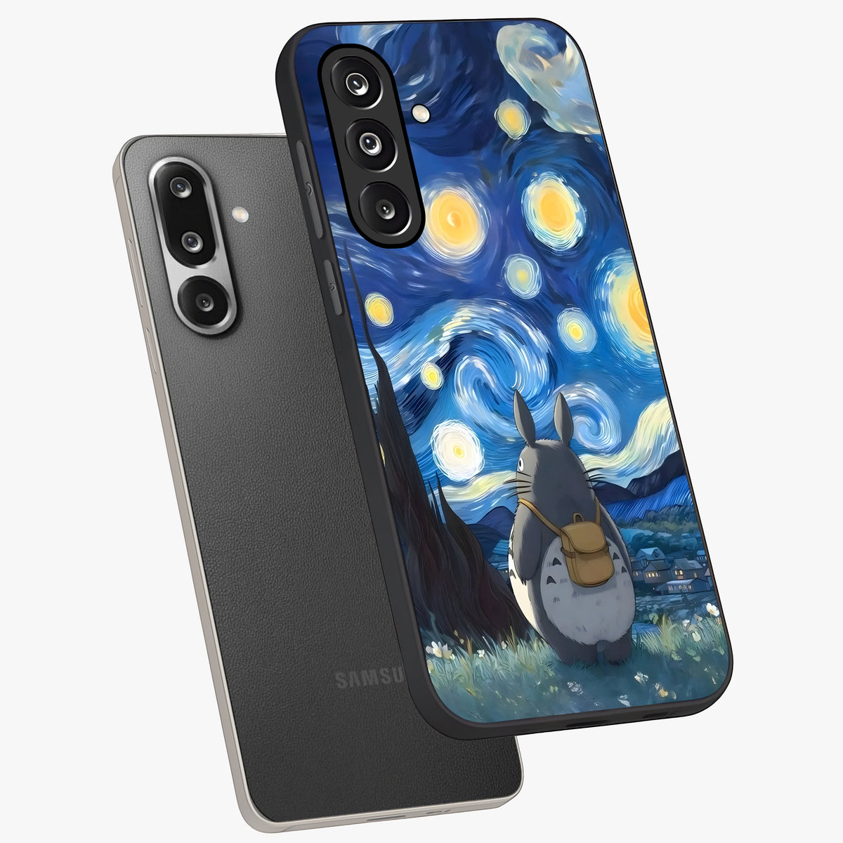 Totoro In Van Gogh Art Glass Case displayed in angled mockup highlighting artistic swirling sky design with playful animation aesthetic.