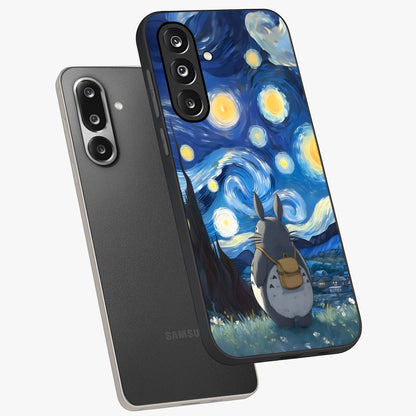 Totoro In Van Gogh Art Glass Case displayed in angled mockup highlighting artistic swirling sky design with playful animation aesthetic.