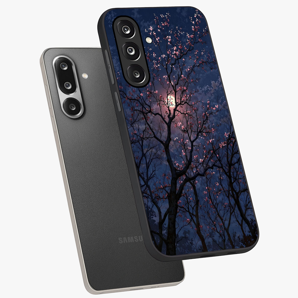 Twilight Sakura Serenade Glass Case displayed in angled mockup highlighting delicate sakura flower design with dreamy aesthetic.