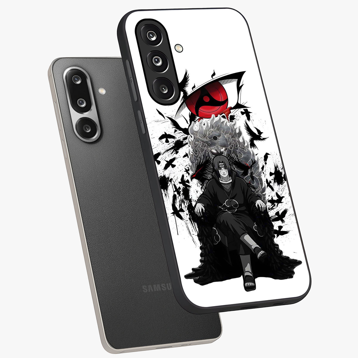 Uchiha Shadow Throne Glass Case displayed in angled mockup highlighting glowing aquatic design with celestial aesthetic.
