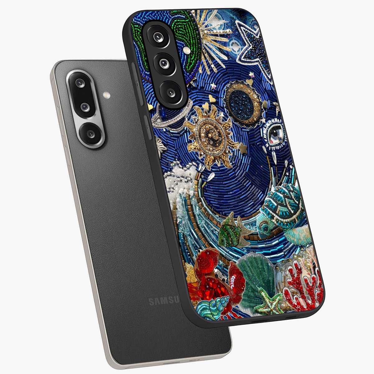 Universe Underwater Spark Glass Case displayed in angled mockup highlighting glowing aquatic design with celestial aesthetic.