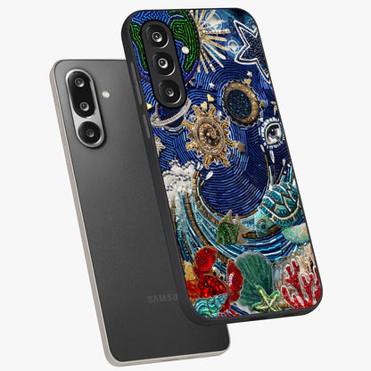 Universe Underwater Spark Glass Case displayed in angled mockup highlighting glowing aquatic design with celestial aesthetic.