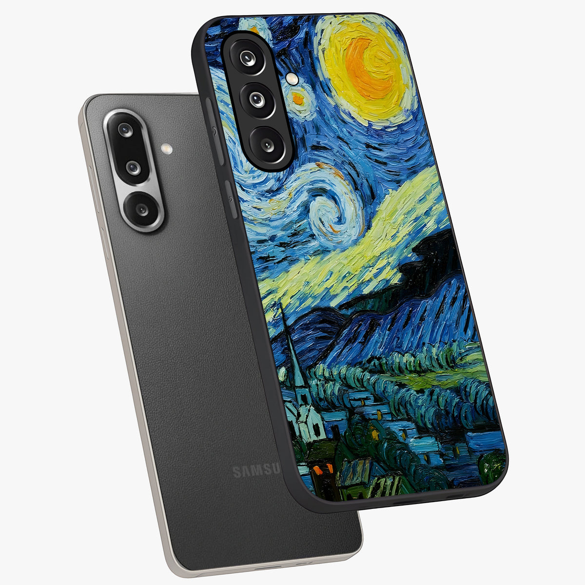 Van Gogh Art Glass Case displayed in angled mockup highlighting swirling brushstroke design with artistic aesthetic.