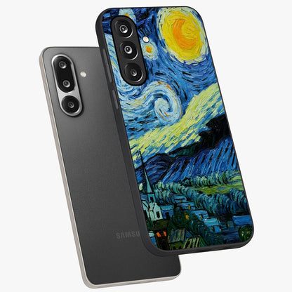 Van Gogh Art Glass Case displayed in angled mockup highlighting swirling brushstroke design with artistic aesthetic.