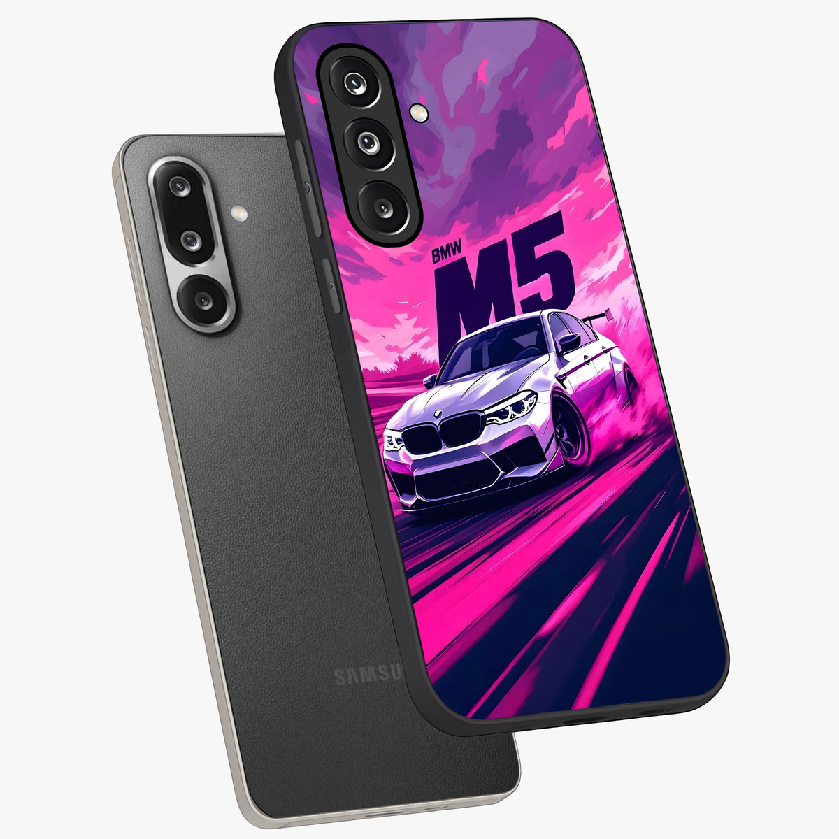 Velocity Drift Pulse Glass Case displayed in angled mockup highlighting dynamic drift design with sporty automotive aesthetic.