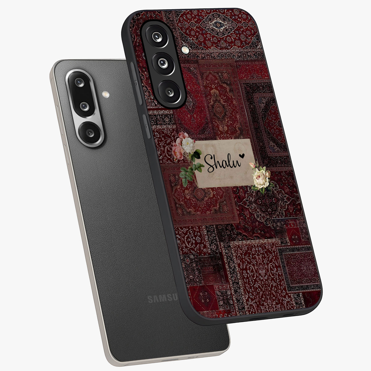Velvet Wine Pattern Custom Name Glass Case displayed in angled mockup highlighting decorative velvet inspired design with custom name feature.