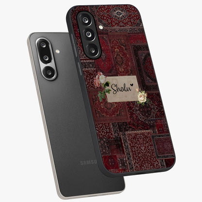 Velvet Wine Pattern Custom Name Glass Case displayed in angled mockup highlighting decorative velvet inspired design with custom name feature.