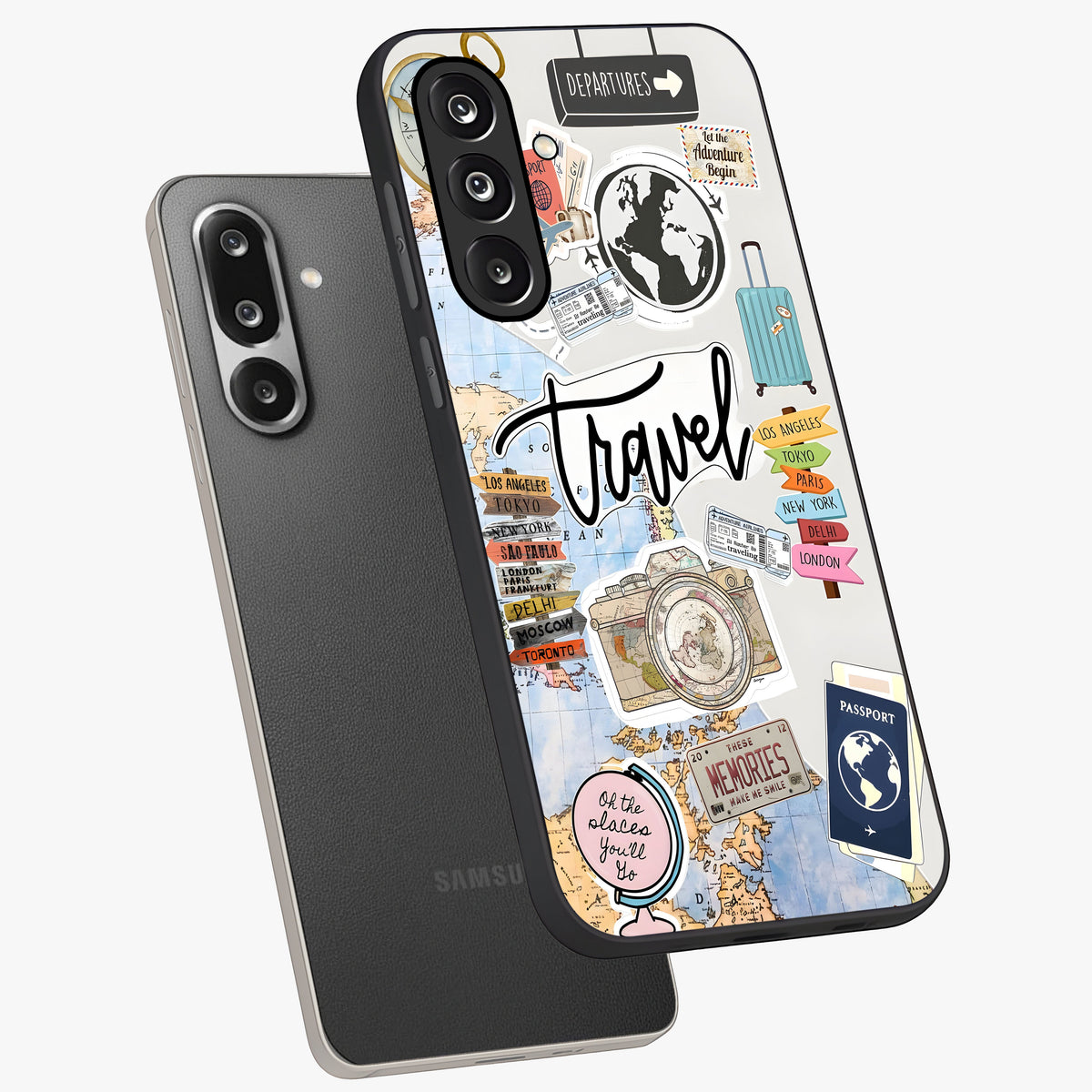 Wanderlust Journal Glass Case displayed in angled mockup highlighting adventure themed design with aesthetic travel vibe.