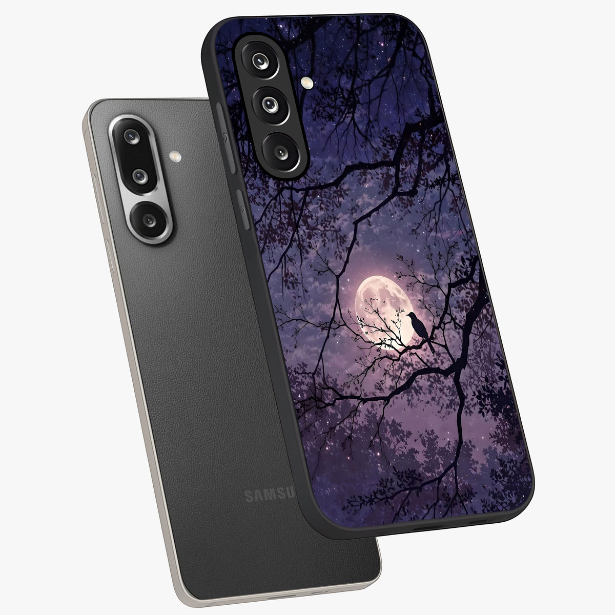 Whispering Moon Silence Glass Case displayed in angled mockup highlighting calm lunar design with dreamy night aesthetic.