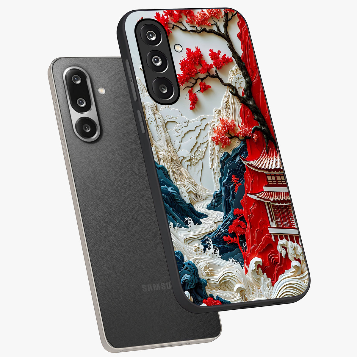 Whispers Of Sakura Waves Glass Case displayed in angled mockup highlighting flowing sakura design with soft floral aesthetic.