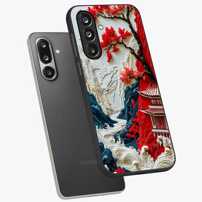 Whispers Of Sakura Waves Glass Case displayed in angled mockup highlighting flowing sakura design with soft floral aesthetic.