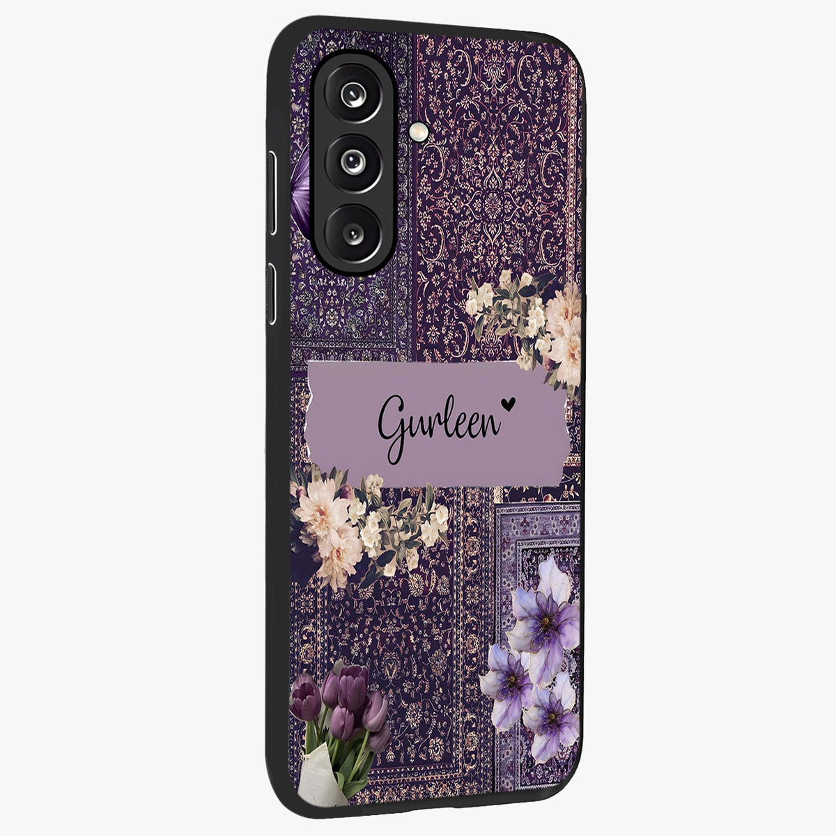 Antique Floral Whisper Custom Name Glass Case upright view showcasing delicate floral artwork with custom name feature.