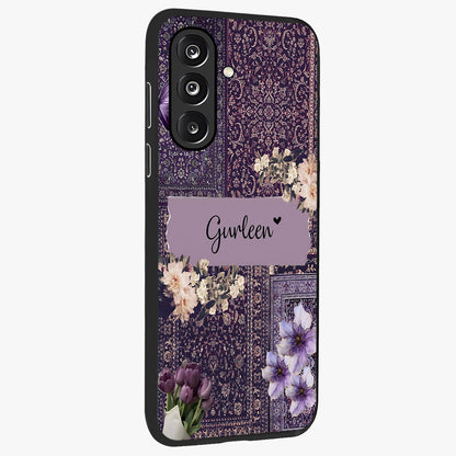 Antique Floral Whisper Custom Name Glass Case upright view showcasing delicate floral artwork with custom name feature.