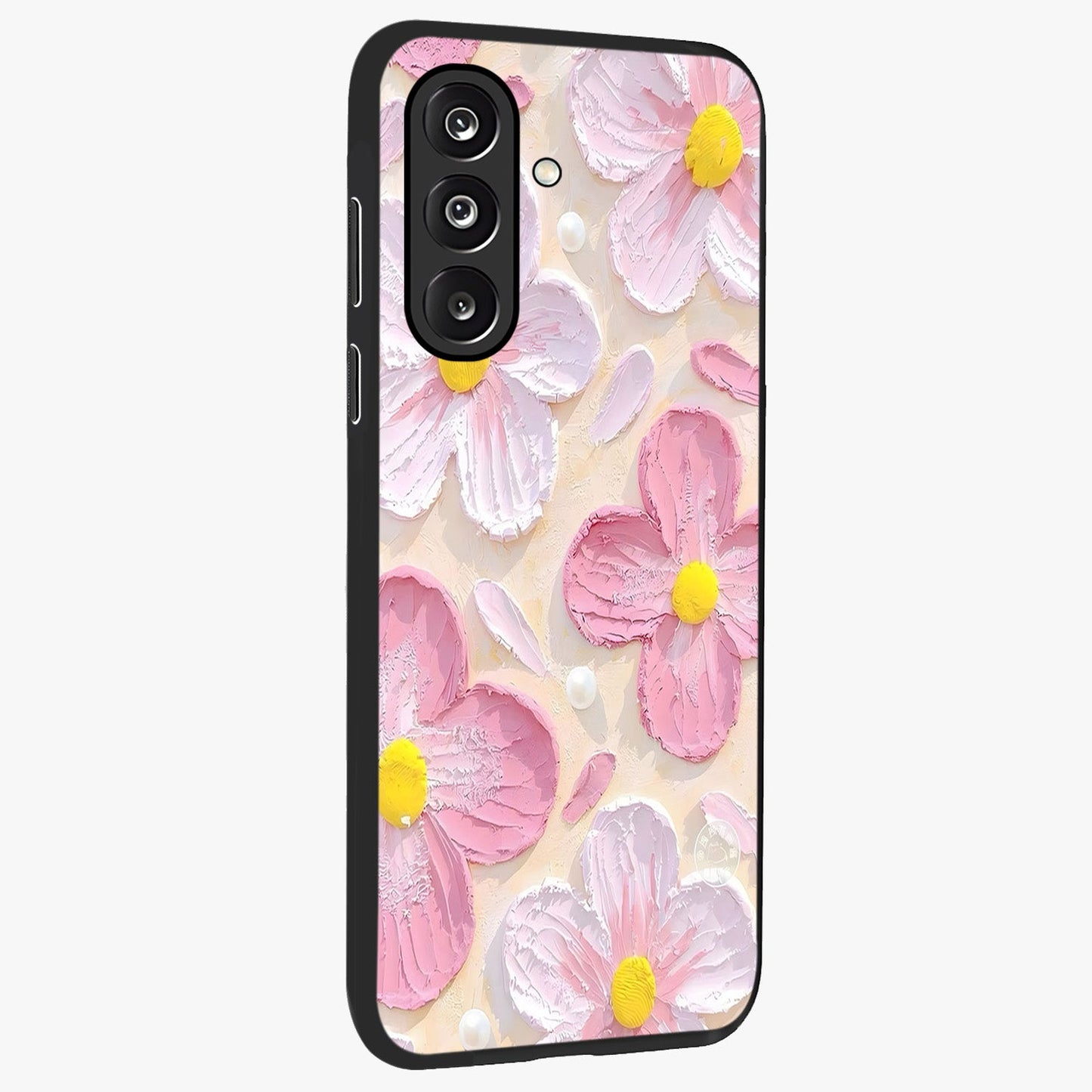 Blush Bloom Texture Glass Case upright view showcasing delicate blush floral texture with modern minimal style.