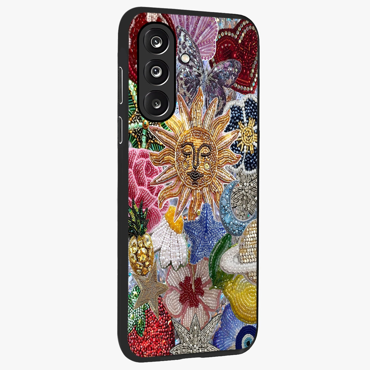 Celestial Floral and Playful Glass Case upright view showcasing whimsical floral artwork with cosmic aesthetic theme.