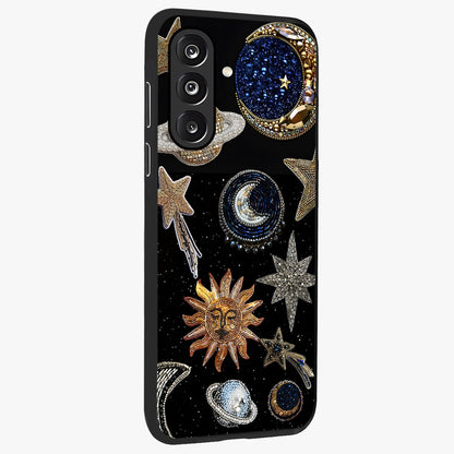Celestial Gem Constellations Glass Case upright view showcasing cosmic constellation artwork with celestial aesthetic style.