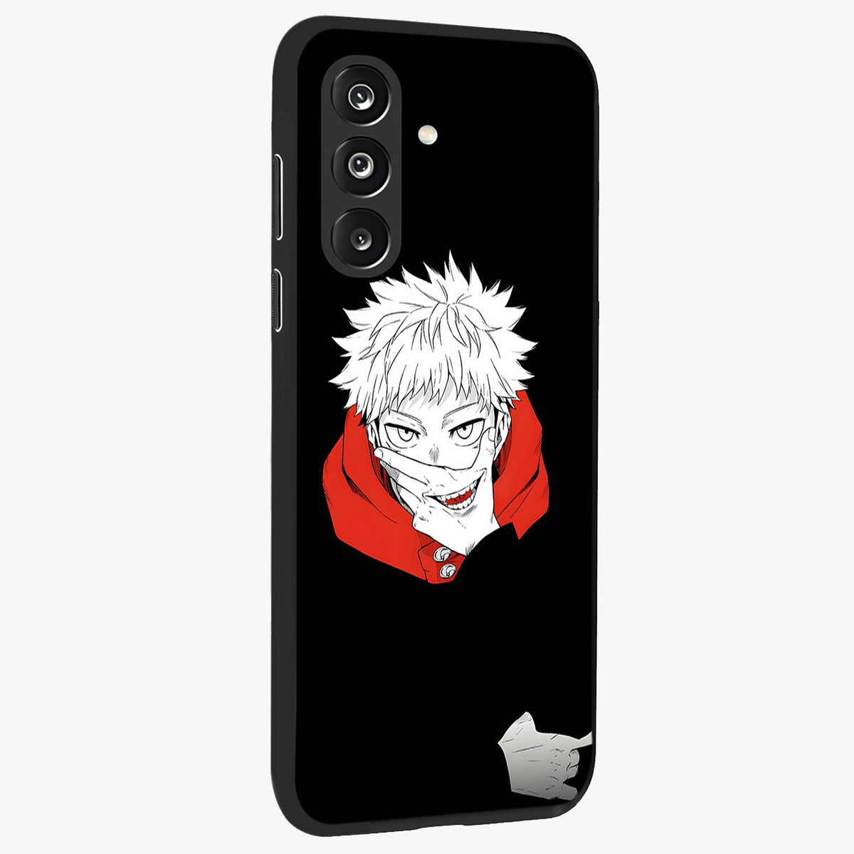 Crimson Chaos Smile Glass Case upright view showcasing expressive chaotic artwork with striking visual theme.