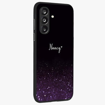 Glittery Purple Bokeh Custom Name Glass Case upright view showcasing vibrant purple sparkle artwork with personalized aesthetic style.