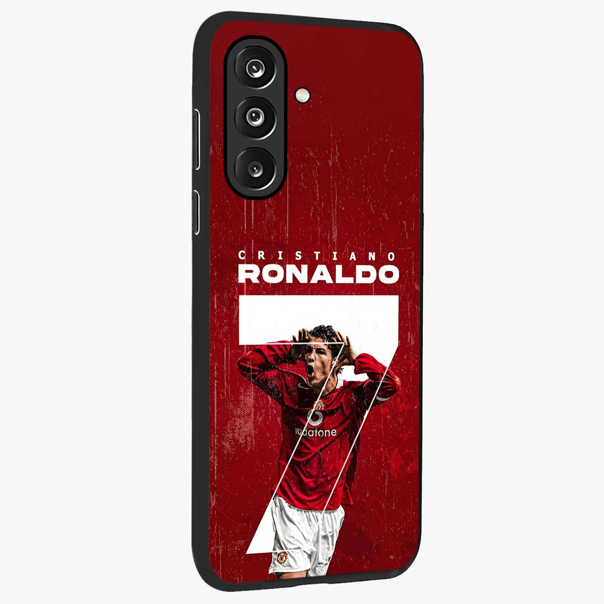 Goal Celebration Legacy Glass Case upright view showcasing dynamic football inspired artwork with victory celebration aesthetic.