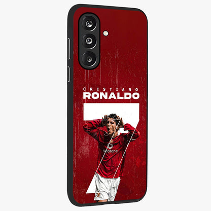 Goal Celebration Legacy Glass Case upright view showcasing dynamic football inspired artwork with victory celebration aesthetic.