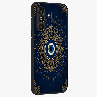 Golden Celestial Charm Glass Case upright view showcasing radiant celestial artwork with elegant golden theme.