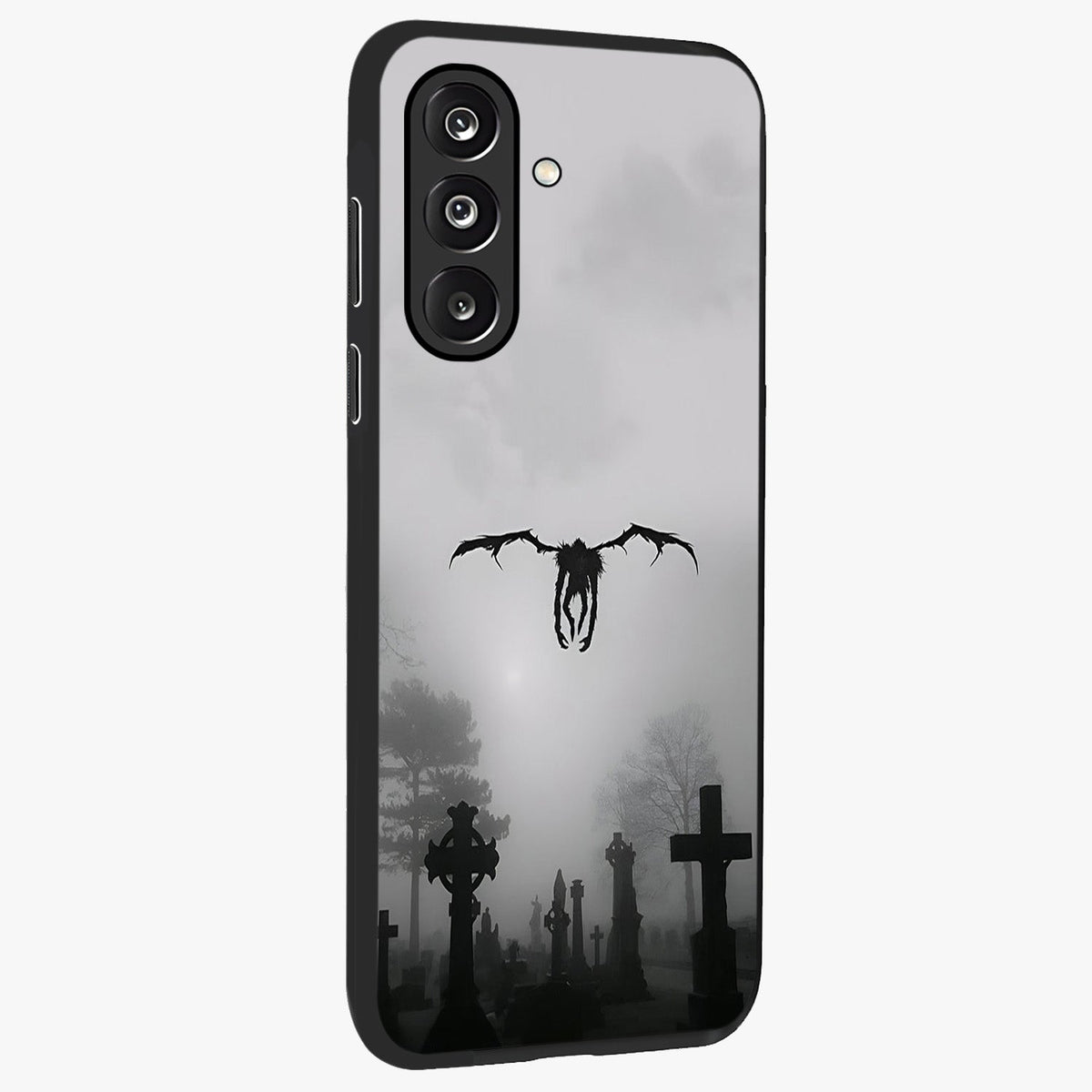 Graveyard Shadow Descent Glass Case upright view showcasing haunting graveyard artwork with dramatic dark theme.