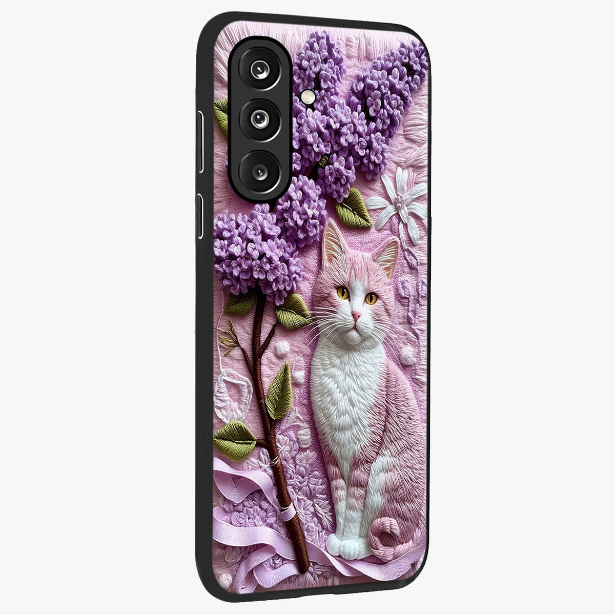 Lavender Cat Whimsy Glass Case upright view showcasing charming cat artwork with whimsical lavender theme.