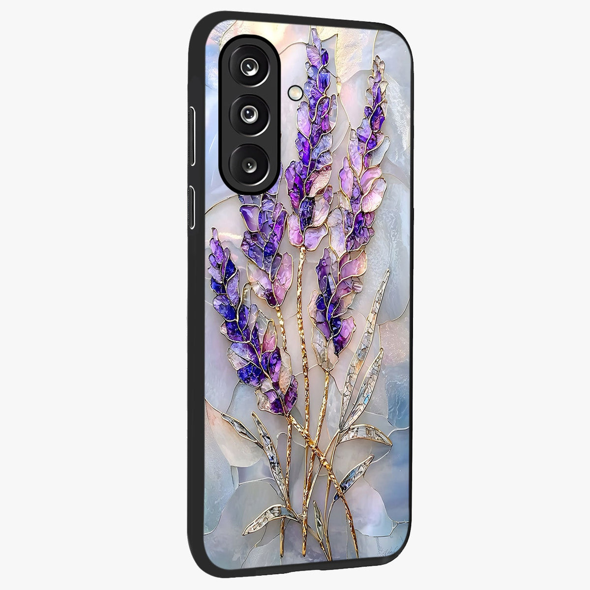 Lavender Dream Glow Glass Case upright view showcasing radiant lavender glow artwork with calming dreamy theme.