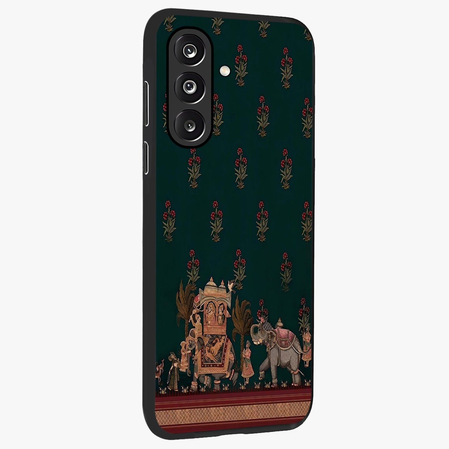 Macmerise Glass Case upright view showcasing bold artistic artwork with contemporary design theme.