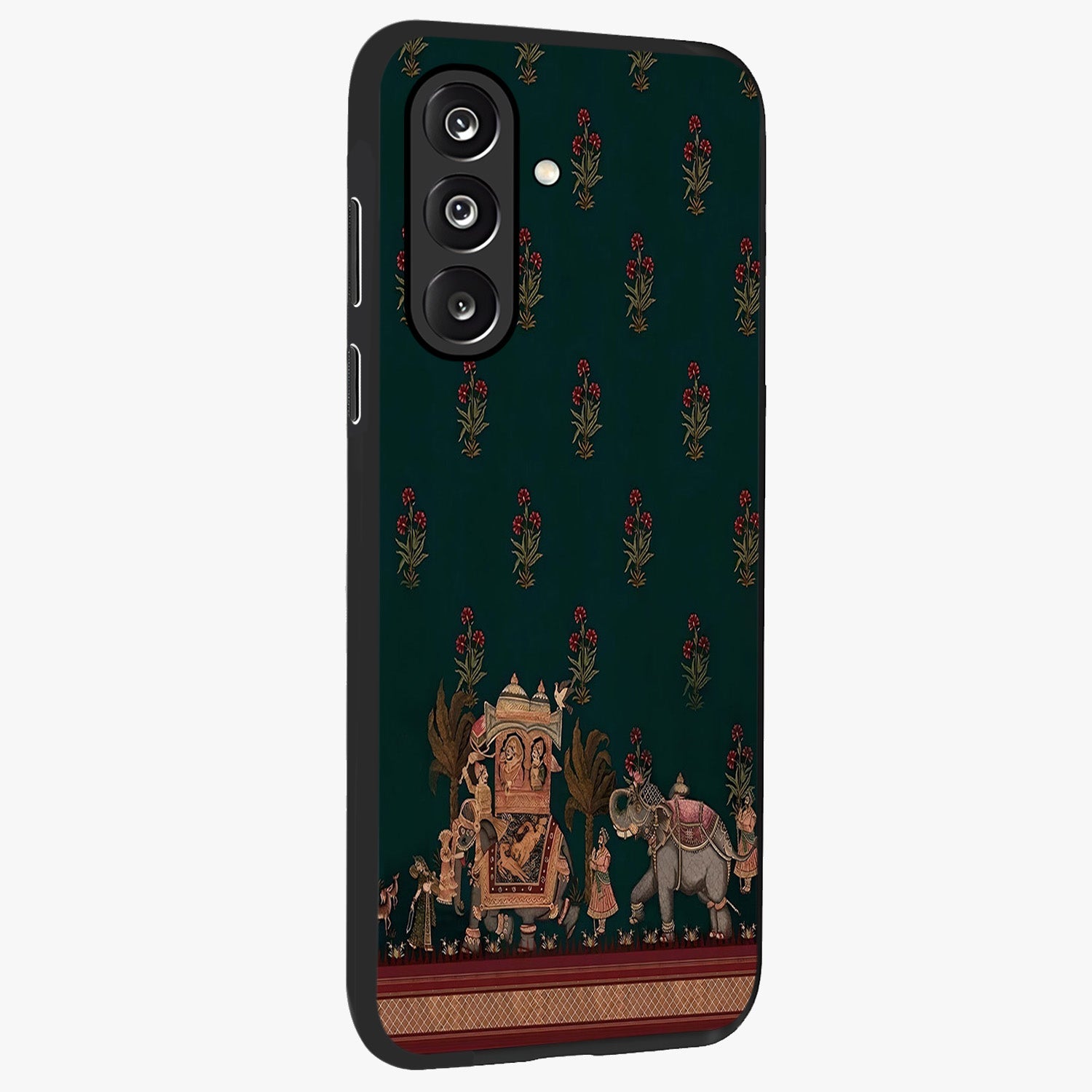 Macmerise Glass Case upright view showcasing bold artistic artwork with contemporary design theme.