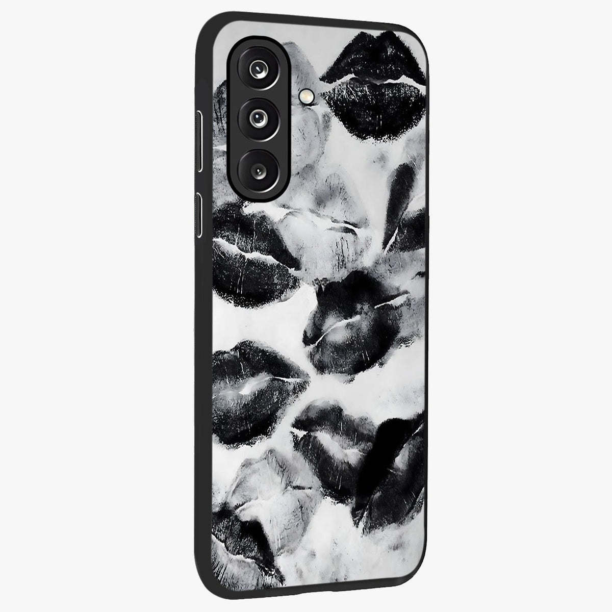 Midnight Kiss Marks Glass Case upright view showcasing stylish kiss mark artwork with trendy romantic theme.
