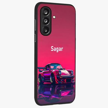 Neon Pink Porsche Glass Case upright view showcasing vibrant sports car artwork with bold automotive theme.