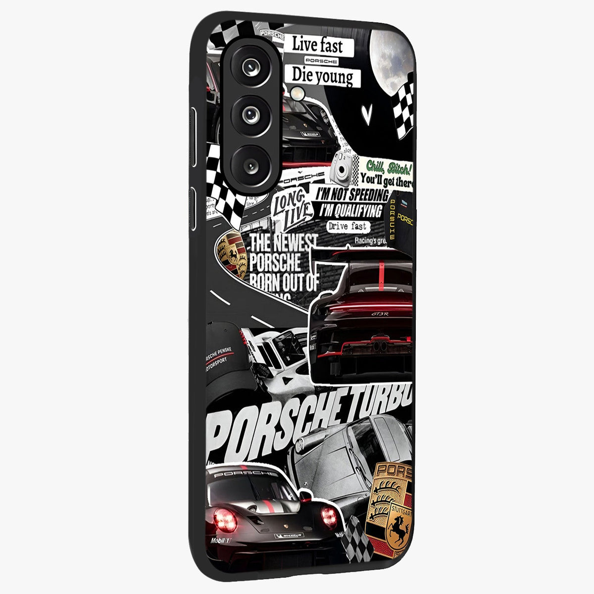 Porsche Racing Collage Glass Case upright view showcasing energetic car collage artwork with high speed racing theme.